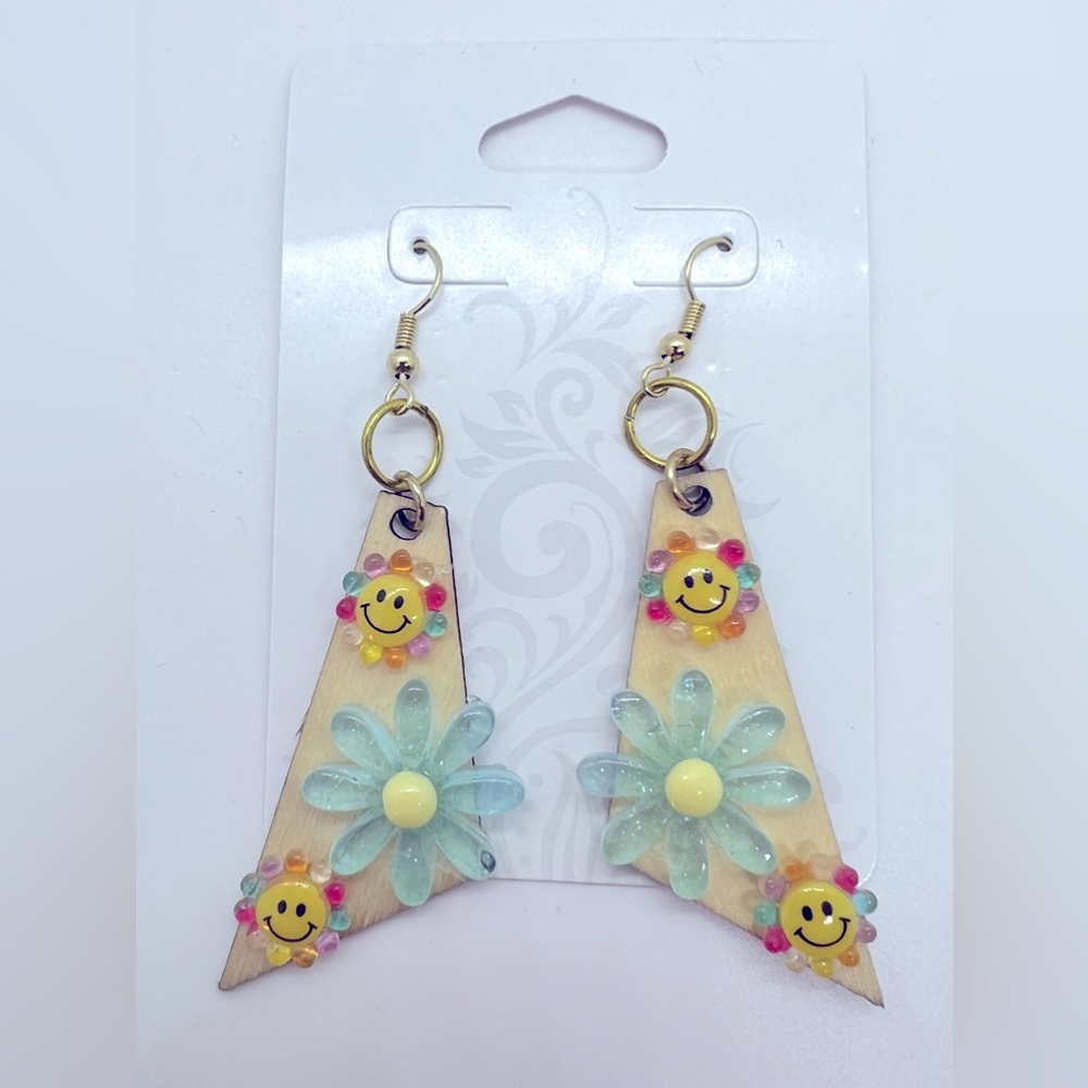 Handmade wooden smiley face earrings